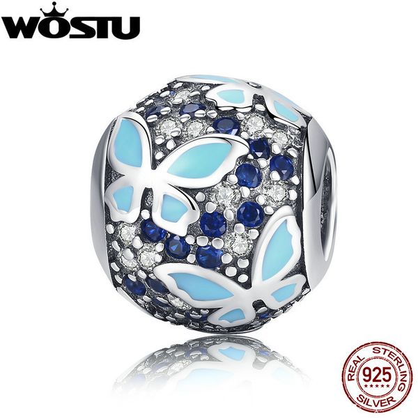 

wostu аутентичные 925 sterling silver blue butterfly шарм бисера для оригинальный diy браслет серебряные ювелирные изделия изготовление пода, Blue;slivery