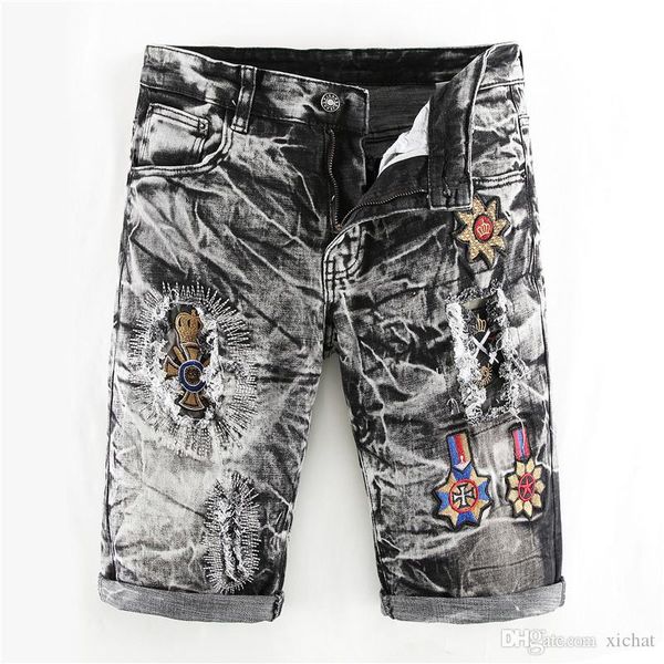 

mens designer embroidery denim shorts 2019 summer badge bleached retro big size letters patches jeans shorts trousers 316, Blue