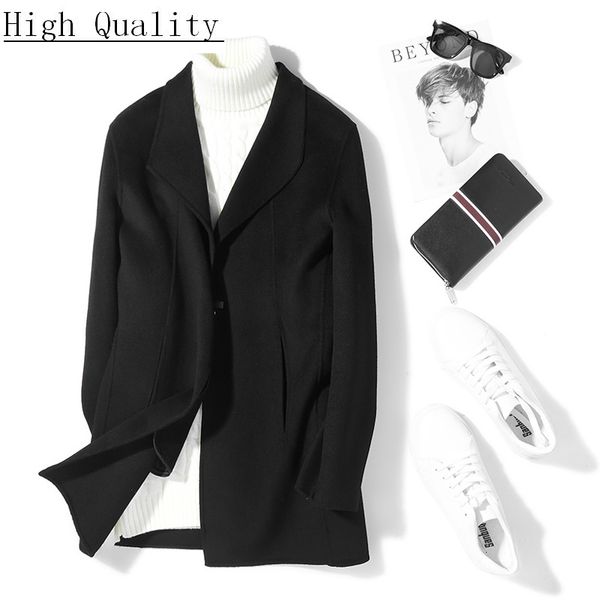 

double-faced wool coat homemade woolen spring autumn mens coat and jacket long overcoat abrigo hombre hs-01-1812 kj1490, Black