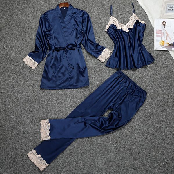 

ladies silk satin sleepwear set lace robe pajama set summer bathrobe+slip pant 3 pieces fashion nightwear homewear for women, Blue;gray