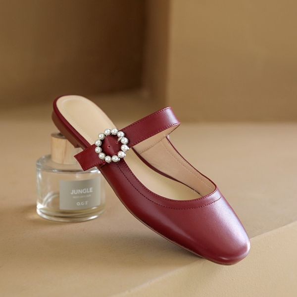 

kmeioo genuine leather flat shoes woman round toe mule sandals women flats casual mule slides cowskin shoes, Black