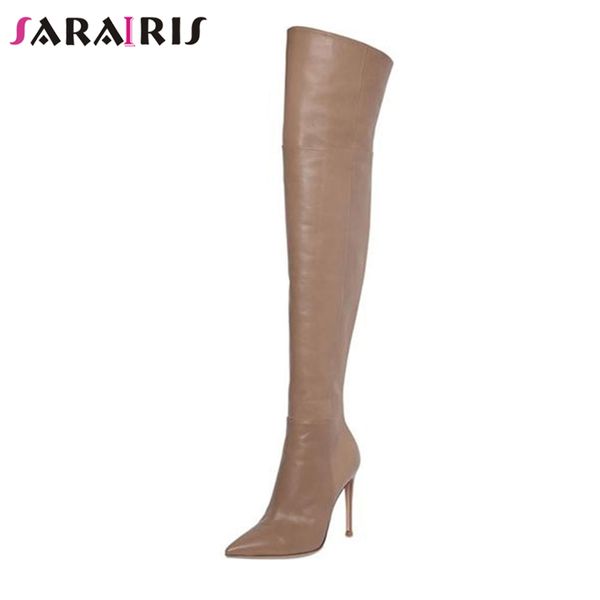 

sarairis women over knee boots brand designer pointed toe high heel shoes woman party wedding thigh boots big size 33-43, Black