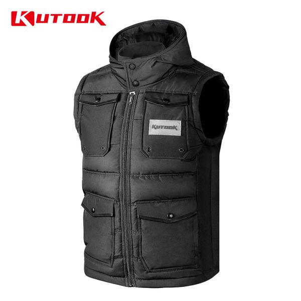 

kutook winter men cycling vest outdoor waterproof ski sleeveless jacket down cotton hood detachable, Black
