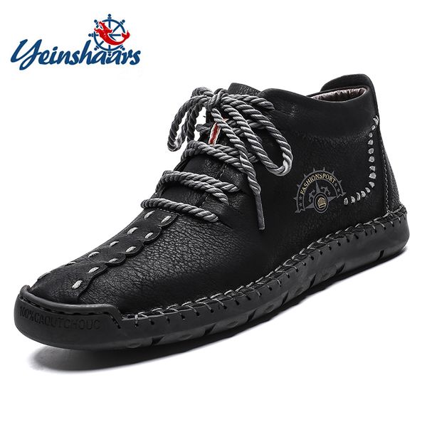 

yeinshaars new men casual hiking boots fashion leather men shoes comfortable lace-up male flat boots winter waterproof sneakers, Black