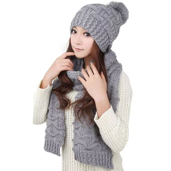 

women winter crochet knit hat scarf set solid color pompom beanie cap neck shawl, Blue;gray