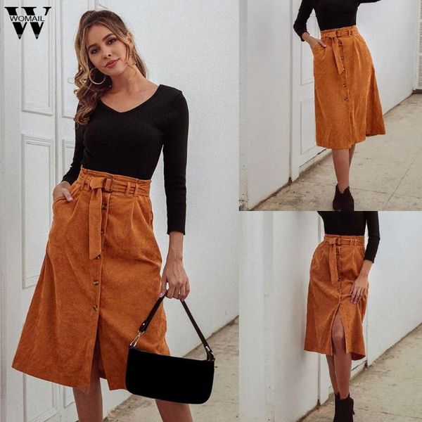 

womail skirt women 2020 corduroy autumn vintage harajuku loose a-line skirt elegant high waist belt ladies faldas party p0, Black