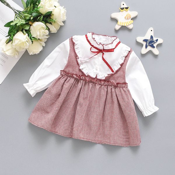 

2019 autumn new style childrenswear girls dress college style small stand collar bow plaid stitching long sleeve children shirt, Red;yellow