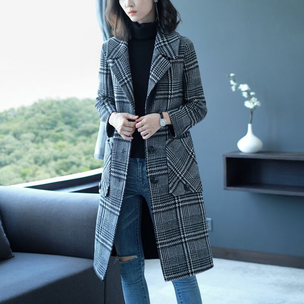 

long woolen blends cashmere coats for women 2019 autumn winter ladies jackets plus size overcoats grey window plaid casual, Black