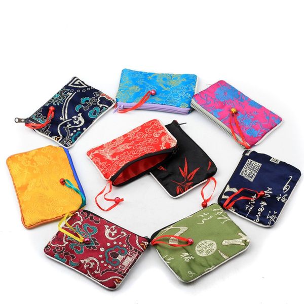 

small zipper silk satin gift bags jewellery pouch bell coin purse card holders cloth packaging pocket with lining 3pcs/lot, Pink;blue