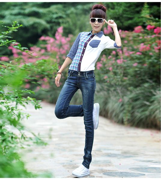 

dark blue ms light color jeans trousers joker students tight elastic thin foot of cultivate one's morality pants