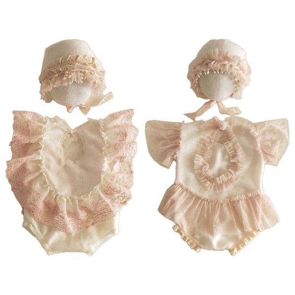 

2pcs newborn pgraphy props suit lace romper hat set knit outfits clothing, White