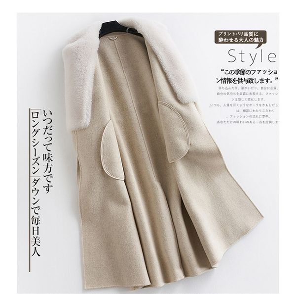 

coat wool 100% 2020 autumn winter jacket women fur collar double side woolen coats korean long jackets chaqueta mujer my en s s, Black