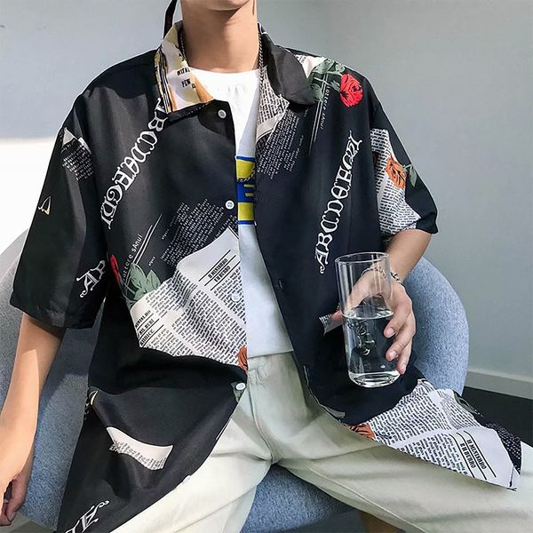 

loose rose printed shirt face is not easy to change simple collar shirt summer casual short sleeve men new, White;black