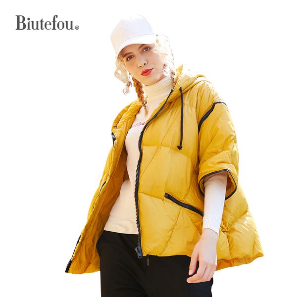 

2019 spring autumn and winter fashion loose hooded down jackets women solid color spliced zippers sleeves detachable coats, Black