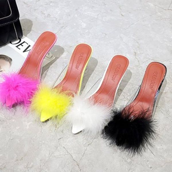 

2020 summer new women's shoes fashion hairy high heel slippers women's shoes, Black