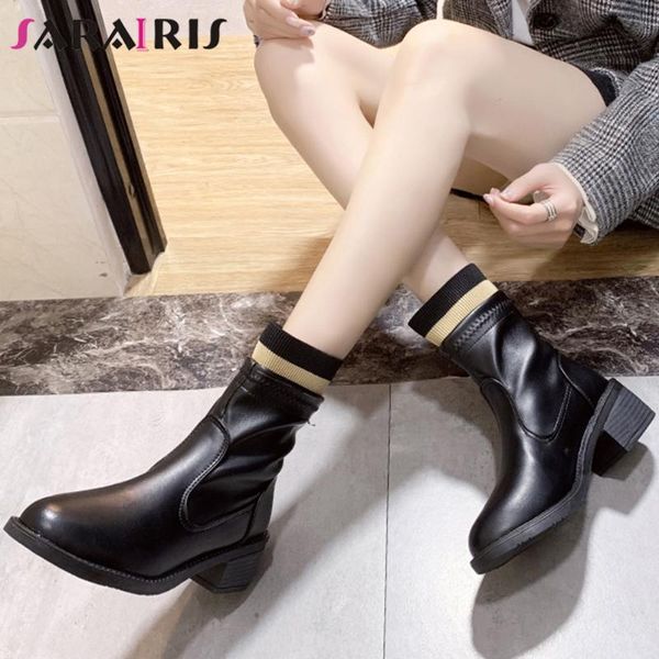 

sarairis office female fashion solid ankle platform boots med chunky heels boots women elegant black stretch shoes woman