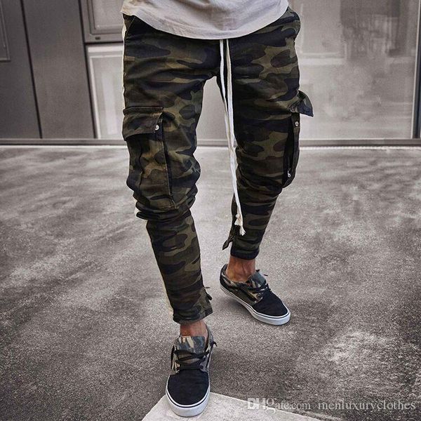 

fashion-mens camouflage pencil designer jeans fashion big pockets striped zipper design slim jean pants, Blue