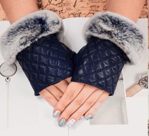 

fashion- fur genuine leather luxury original fashion brand gloves plush rabbit soft warm sheepskin half finger touch screen gloves, Blue;gray
