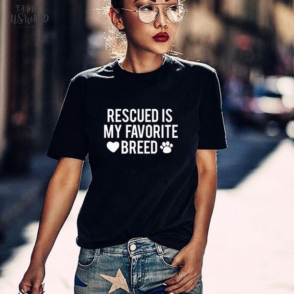 

rescued is my favorite breed t shirt ladies crewneck shirt rescue dog graphic tees dog lovers casual, White