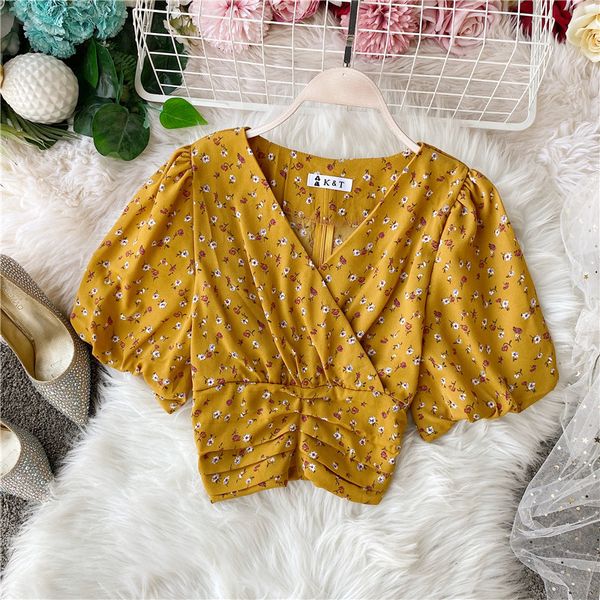 

женская с коротким рукавом рубашки топы 2020 летняя корейский новый сладкий малый свежая волна dot v-образным вырезом завышенной талией коро, White