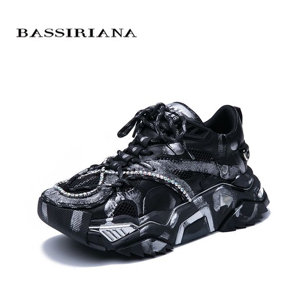 

bassiriana 2020 spring new leather women shoes, breathable fashion sneakers lace comfortable shoes with thick bottom high quality, Black