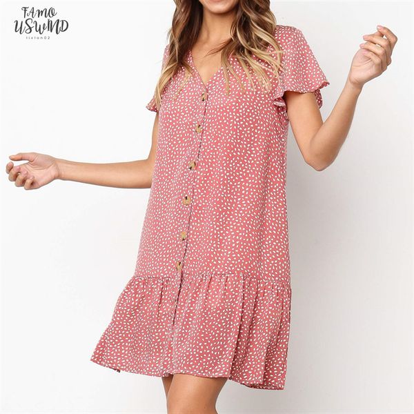 

ruffled hem v neck button casual loose dress women short sleeve chiffon printed dress beach style mini short dress, Black;gray