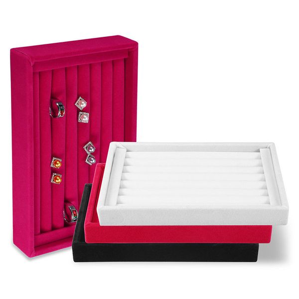 

portable velvet jewelry insert display holder ring earring cufflinks organizer box wooden flat stackable tray holder storage, Pink;blue