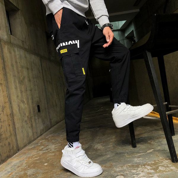 

outdoor 2019 spring autumn patchwork letter printed teenagers cargo pants men students travel hiking trekking tactical trousers, Black;green