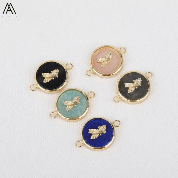 

5pcs/lot natural pink quartz amazonite round charms necklace making,paved gold fish charms connector for diy jewelry accessories, Silver