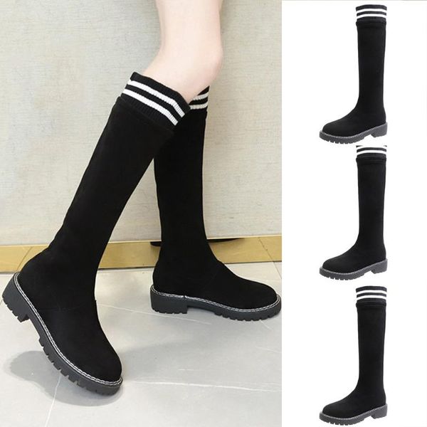 

women's round toe shoes elastic boots square heeled flat boots casual high, Black