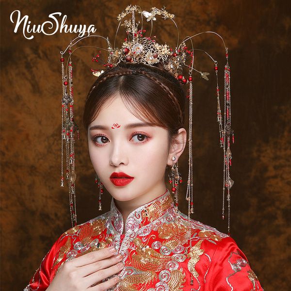 

niushuya traditional chinese bridal headdress beaded ancient gold long tassels hairwear wedding jewelry hair accessories, Golden;white