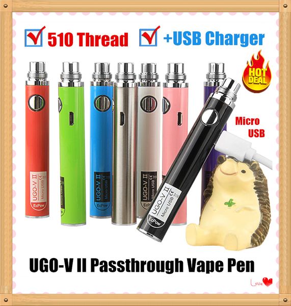 2 pcs Authentic Ugo V2 V2 650 900mAh EVOD EGO EGO 510 Fio Vape Pen Cartucho Bateria + Micro USB Cable Carregador Recarregável Vaporizador Caneta