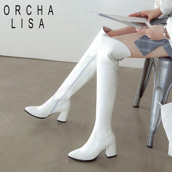 

orcha lisa america style autumn winter over the knee big size long boots zipper thick high heels leather boots woman shoes 44 47, Black