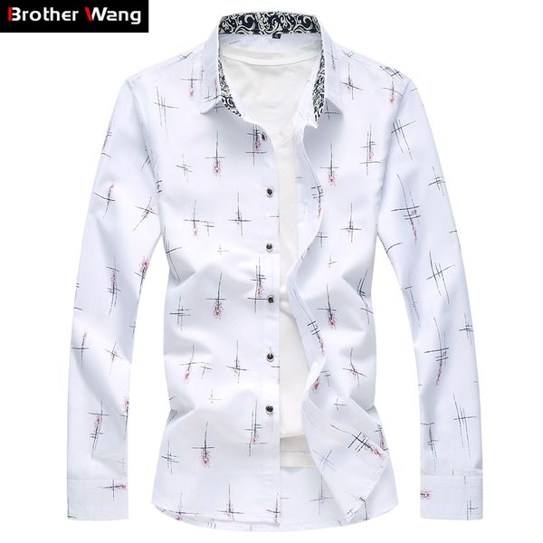 

2019 autumn new men print shirt fashion casual long sleeve flower shirt big size 4xl 5xl 6xl 7xl brand clothes white navy, White;black