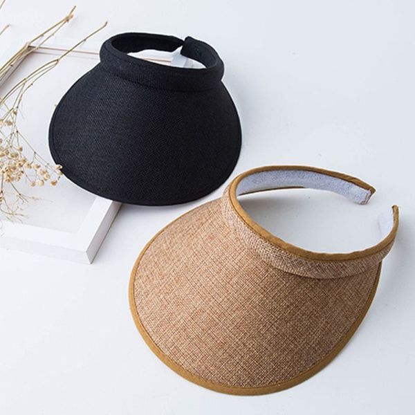 

women ladies summer weave straw empty beach cap clip-on solid color large wide brim uv protection breathable sun visor hat, Blue;gray