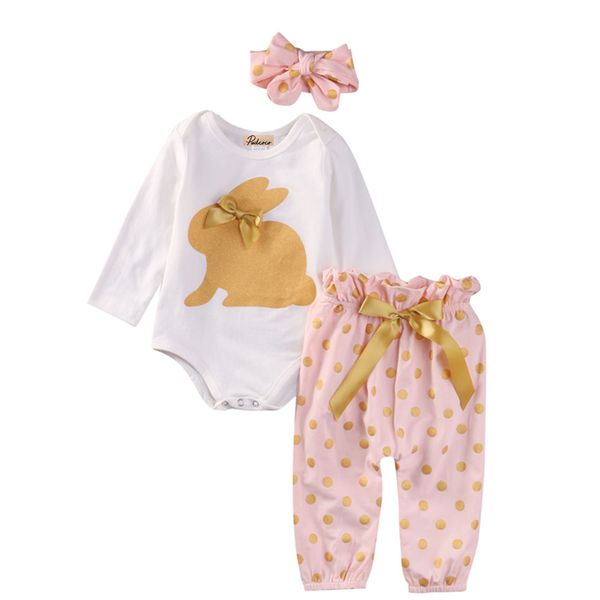 

3 pcs baby's set infant newborn toddler baby girls casual clothes letter print bodysuit dots pants headband outfit suits, White