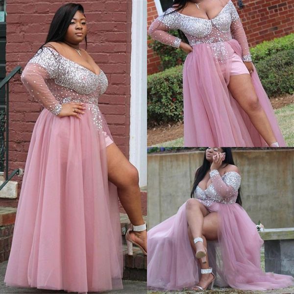 

african plus size prom dresses elegant off shoulder sequined pink high low evening gowns modest long sleeve pageant wears, Black