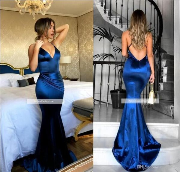 Abiti da ballo 2020 Elegante sexy lucido blu senza spalline Abiti da sera a sirena Backless Plus Size Custom Made economici Abiti da festa