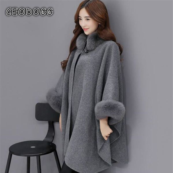 

women's wool & blends ponchos and capes women 2021 christmas fashion flare sleeve faux fur collar winter cloak cape coat poncho long ov, Black