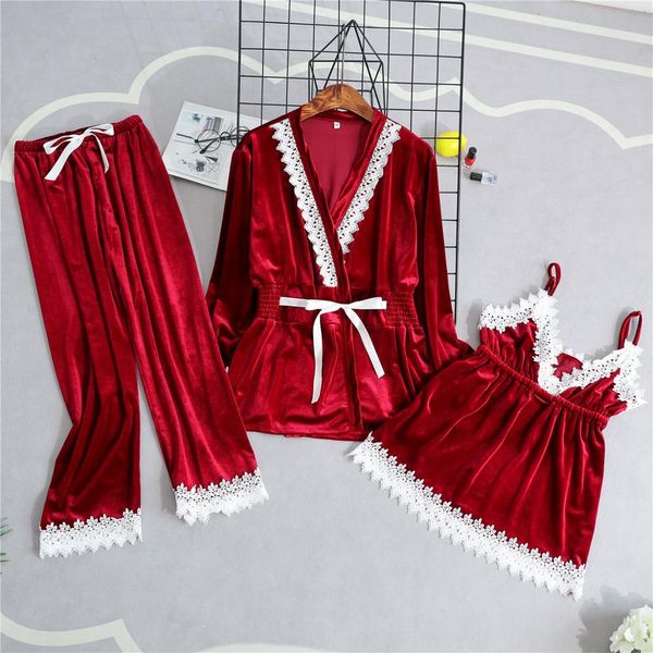 

burgundy spring velour pajamas sets womens 3pc strap pantsuit sleepwear casual home wear nightwear robe bath gown, Black;red