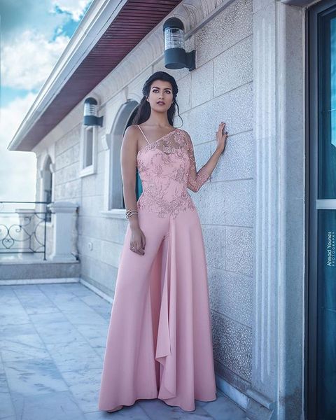 

2019 new fashion one shoulder applique jumpsuits pants custom formal party evening gowns vestidos de fiesta, White;black