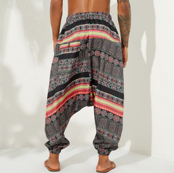 

monerffi men drawstring ankle banded wide trousers printing summer pants bohemian style elephant patterns printed harem pants, Black