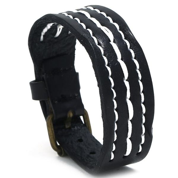 

black leather wide bracelets for men retro leather cuff bangles handmade genuine wristband jewelry boy friend gift, White