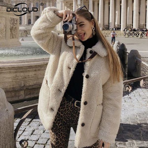 

ins women winter solid teddy bear jackets coat ladies thicken warm outerwear girls loose lambswool faux fur jacket overcoats, Black