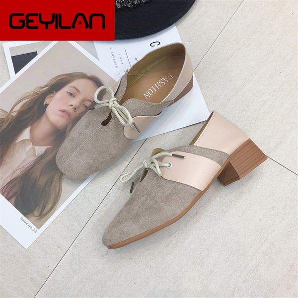 

suede small leather shoes female retro british wind 2019 new middle school students thick with lace women's shoes, Black