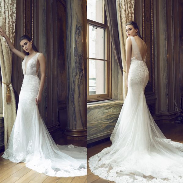 

backless mermaid wedding dresses v-neck sleeveless appliqued lace bridal gown sweep train custom made robes de mariÃ©e sell, White