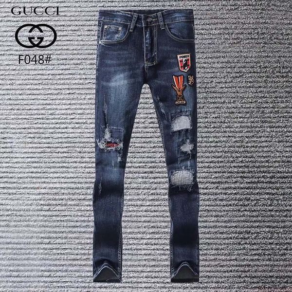

hole jeans men's tide brand trousers korean version of the trend of casual pants straight loose feet pants printed pants male, Blue
