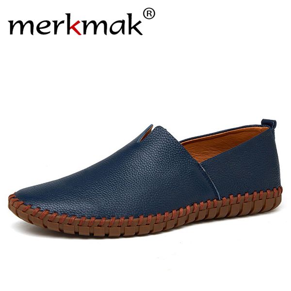 

genuine cow leather men loafers 2018 fashion handmade moccasins leather men flats blue slip on men's boat shoe plus size 38~47, Black