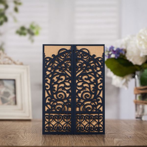 

wishmade laser cut wedding invitations cards with navy blue hollow open gate design for engagement marriage bridal shower baby shower, Black