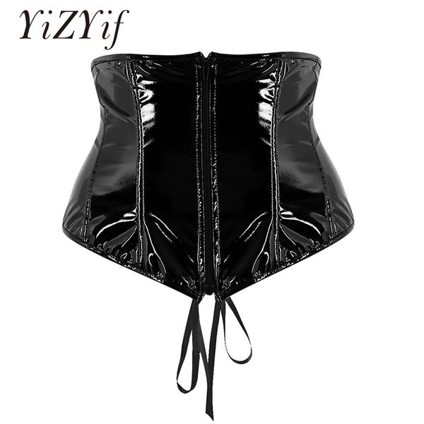 

yizyif women corset bustier wetlook faux leather adjustable lace up zip up front steampunk gothic wasit trainer underbust, Black;white
